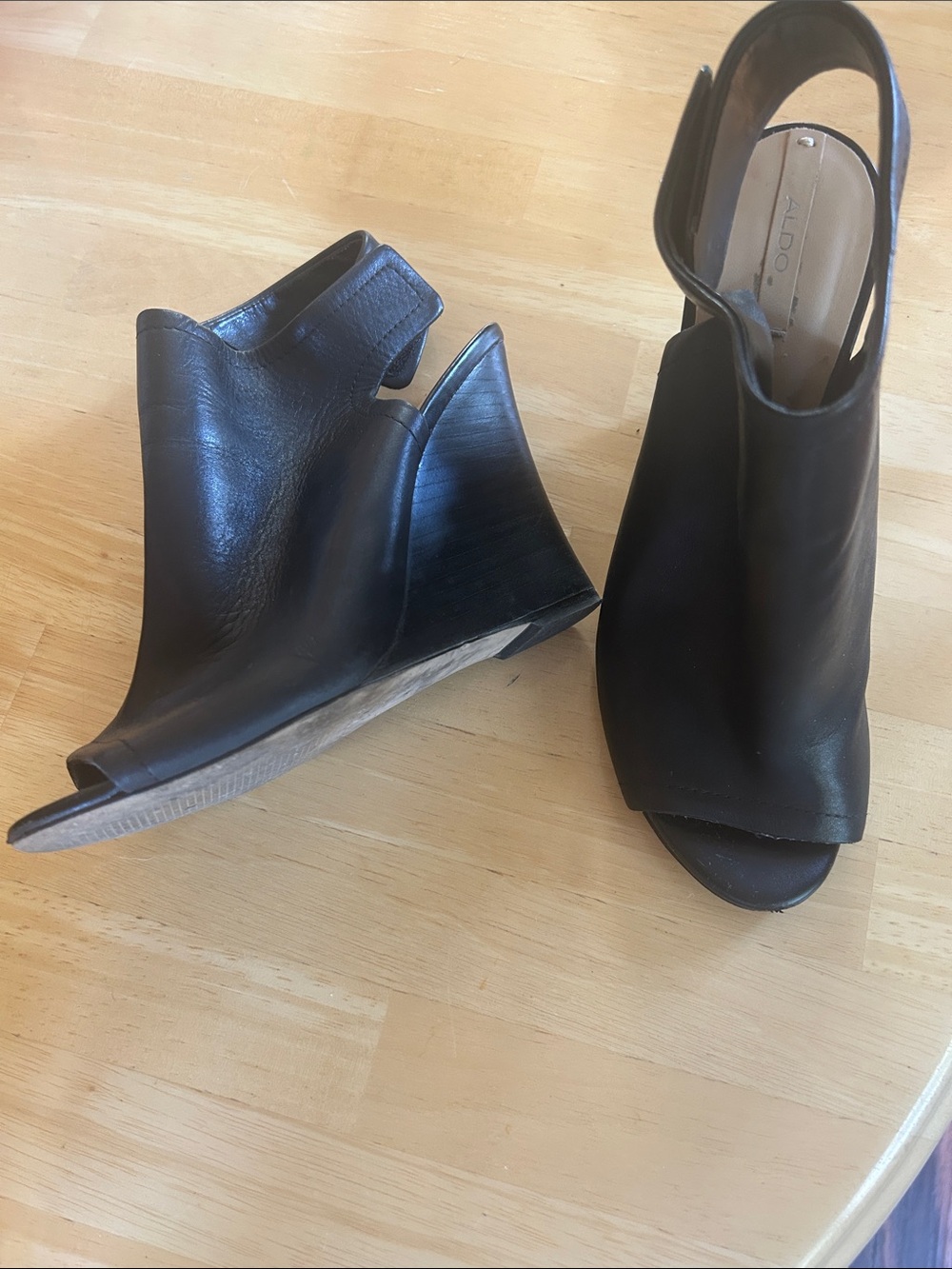 Aldo Black Leather Open-Toe Slingback Wedge Sandals